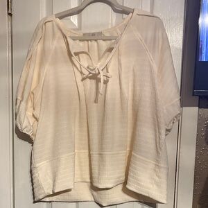 LOFT Cream Blouse with Tie Front and Bishop Sleeves